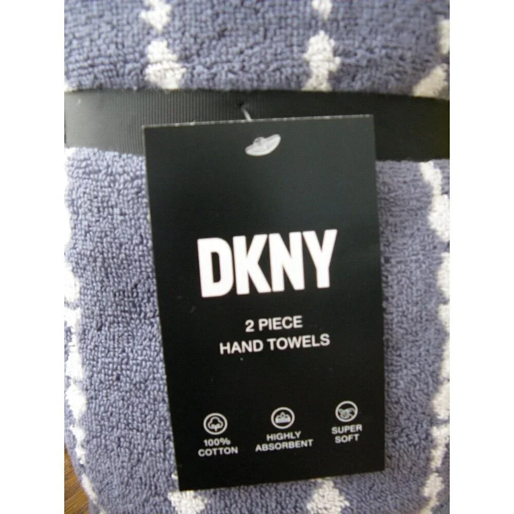 New Donna Karan DKNY Blue w/ White Pattern Stripe Bathroom Hand Towels Set of 2